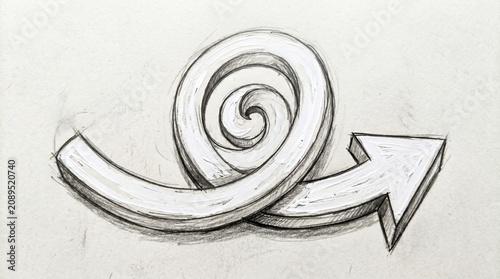 Spiral and Arrow in Pencil Sketch on White Background