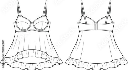 Bild auf Leinwand Women's Babydoll Cami Top Technical Flat Sketch Front and Back View Apparel Temp