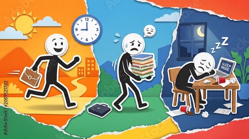 A vibrant paper craft style illustration depicting a worker's daily energy levels: starting energetic in the morning, becoming stressed by heavy workload, and ending exhausted at a night desk.
