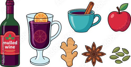 Quadro su tela Cozy winter mulled wine ingredients bottle hot beverage glass apple spices and g