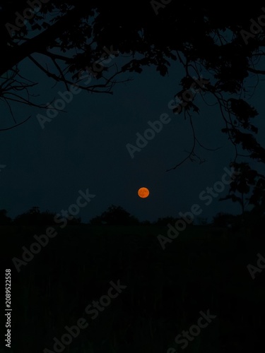 Beautiful full Strawberry Moon glowing above a peaceful night landscape under a dramatic sky. Atmospheric celestial scene featuring the famous June full moon, perfect for astronomy, nature, and nightt