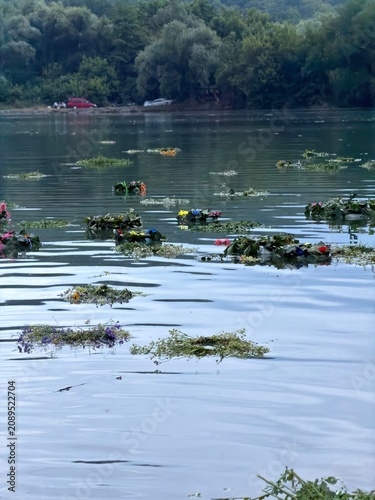 Traditional flower wreaths floating on calm water during the Ivan Kupala celebration. Peaceful summer evening scene with Slavic folklore, ritual traditions, and natural floral decorations.