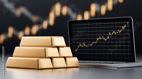 Golden Bar Graph and Coins with Financial Growth Chart on Laptop Screen