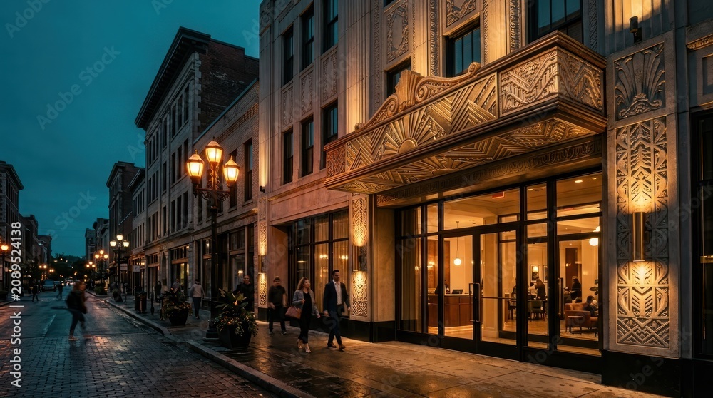 Fototapeta premium Historic Downtown Street with Ornate Architecture at Dusk