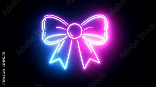 Glowing neon bow with vibrant pink and blue light on dark background for festive celebration design