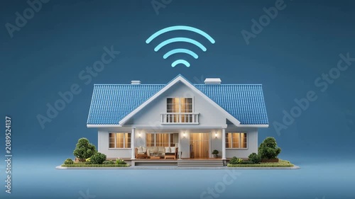 Smart home with wireless network connection and modern residential automation technology concept illustration