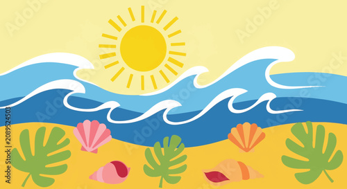 Colorful Tropical Beach Scene with Sun and Ocean Waves.