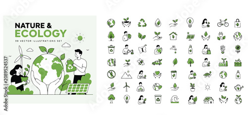 Nature and ecology vector illustrations set, 50 eco friendly line icons, green environmental sustainability symbols for clean energy and recycling
