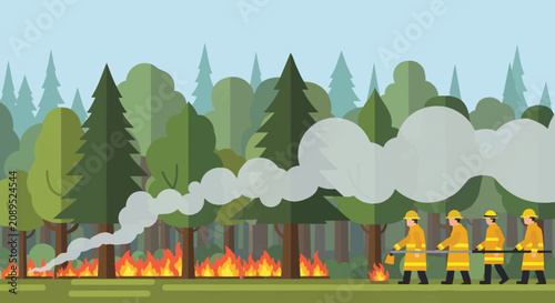 Firefighters battling a forest fire in a pine woodland.