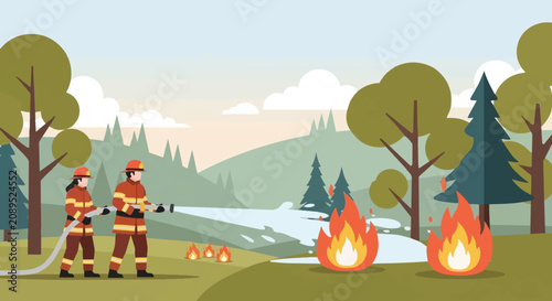 Firefighters extinguishing a wildfire in a forest landscape.