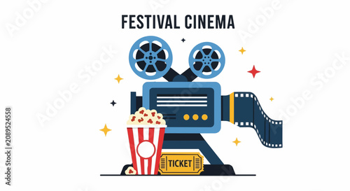 Vintage Movie Camera with Popcorn for Festival Cinema Event.