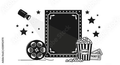 Black and white cinema poster with film reels and popcorn.