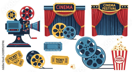 Vintage movie theater elements and film reels illustration.