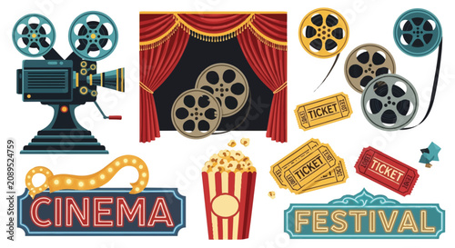 Vintage movie equipment and festival icons collection.