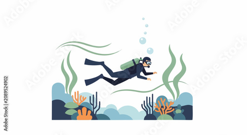 Illustration of a scuba diver exploring underwater coral reef.