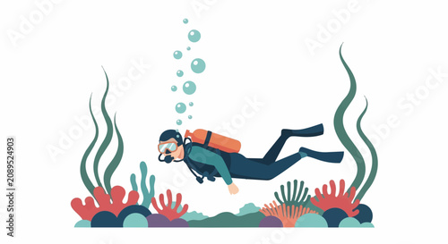 Illustration of a scuba diver exploring vibrant coral reef underwater.