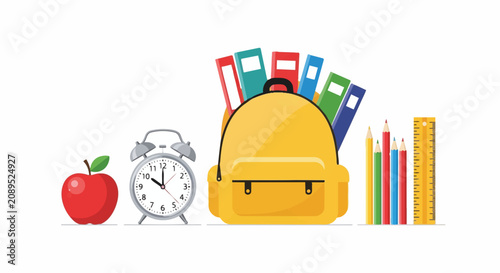 Colorful school supplies with backpack and alarm clock.