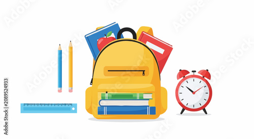 Colorful school supplies and alarm clock on white background.