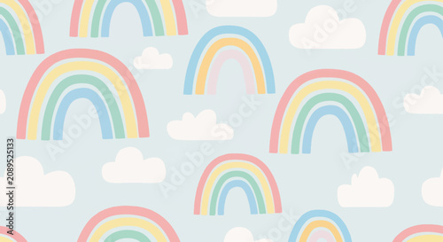 Colorful rainbow and cloud pattern seamless background.