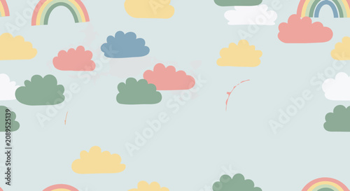 Colorful cartoon clouds and rainbows on a light blue background.