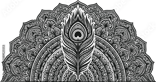 Half round mandala with detailed peacock feather and intricate floral patterns in elegant bohemian style.