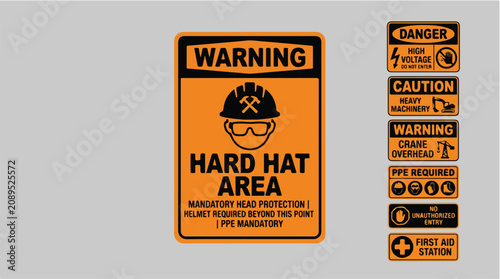 Foto Industrial safety sign collection, orange hard hat area warning labels, mandator