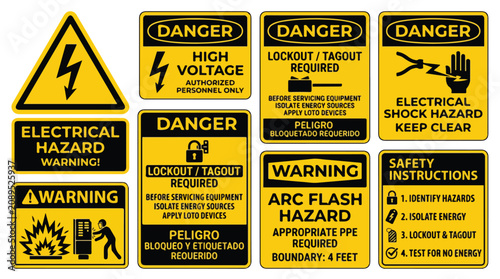 Industrial electrical safety signs set, danger high voltage and arc flash hazard warning labels, lockout tagout required vector icons
