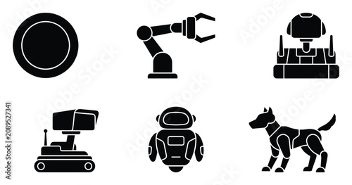 Set of robotics icons featuring industrial arm humanoid bot quadruped dog and surveillance machine for technology and automation industry applications