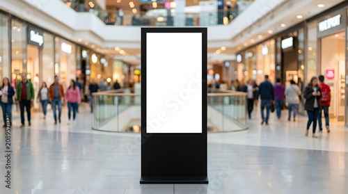 Vertical blank digital advertising screen inside shopping mall with advertising shopping interior