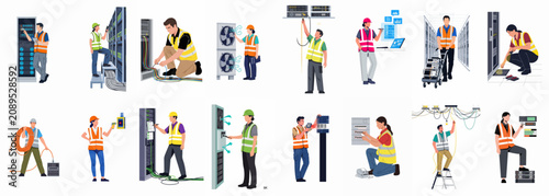 Flat vector illustration set of data center technicians and engineers performing various maintenance and installation tasks in a server room environment.