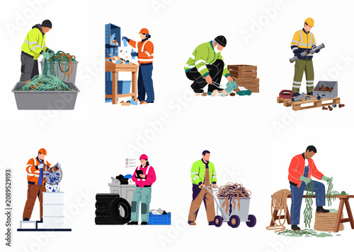Foto Illustration set of professional waste management workers sorting, collecting, and recycling various materials like plastic, metal, tires, and ropes for environmental sustainability
