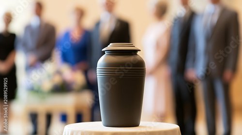 A dignified close-up of a dark cremation urn on a white draped table, with a blurred background of mourners at a solemn service