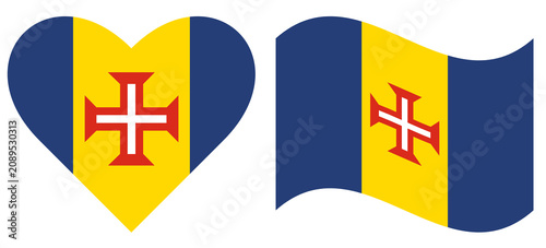 Madeira Island, Portugal, flags collection. Flag of Madeira Island isolated in heart shape. Waving flag of Madeira island isolated.