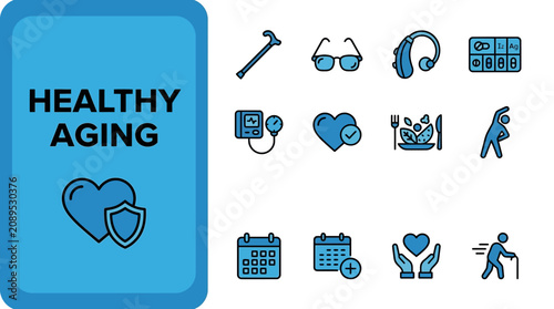 A comprehensive collection of vector icons representing geriatric wellness and healthcare maintenance for senior citizens