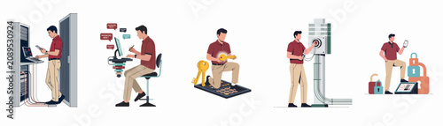 Canvas Print Set of Illustrations Featuring an IT Professional Managing Server Infrastructure