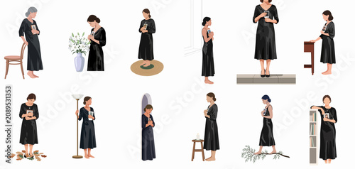 Fotografie Collection of illustrations depicting women in black mourning dresses holding portraits, symbolizing grief, loss, remembrance, and the emotional journey of bereavement