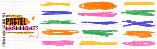 Crayon highlight strokes on notebook grid with orange, pink and blue. Underline and streaks brush pencil texture for education. Colorful vector crayon elements with kid highlight shapes isolated