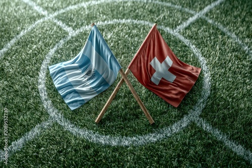 Argentina and Switzerland flags on soccer field. International.