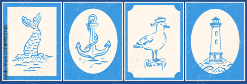 Sea, nautical illustrations set. Summer naive wall art. Waves, seagull, mermaid tail, anchor, lighthouse. Handdrawn cute style. Design for card, poster, stamp.