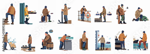 Cuadro en lienzo Flat vector illustration set featuring various sailors and dockworkers engaged in maritime activities such as shipping, fishing, and maintenance in a harbor setting