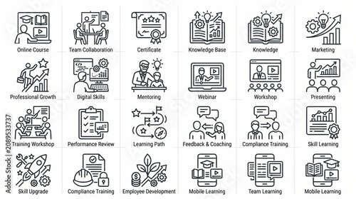 Black and White Icons Representing Corporate Training and Employee Development Activities on White Background