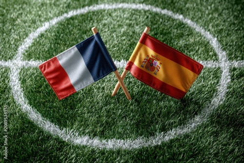 Small French and Spanish flags on a grass pitch. Soccer match.