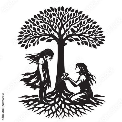 Tableau sur toile Simple abstract vector of a flourishing tree with visible roots, featuring a mother and daughter beneath it, symbolizing environmental love and sustainability