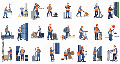 Bild auf Leinwand Collection of vector illustrations depicting port workers, logistics personnel, and industrial staff performing diverse maritime and warehouse tasks in high-visibility safety gear