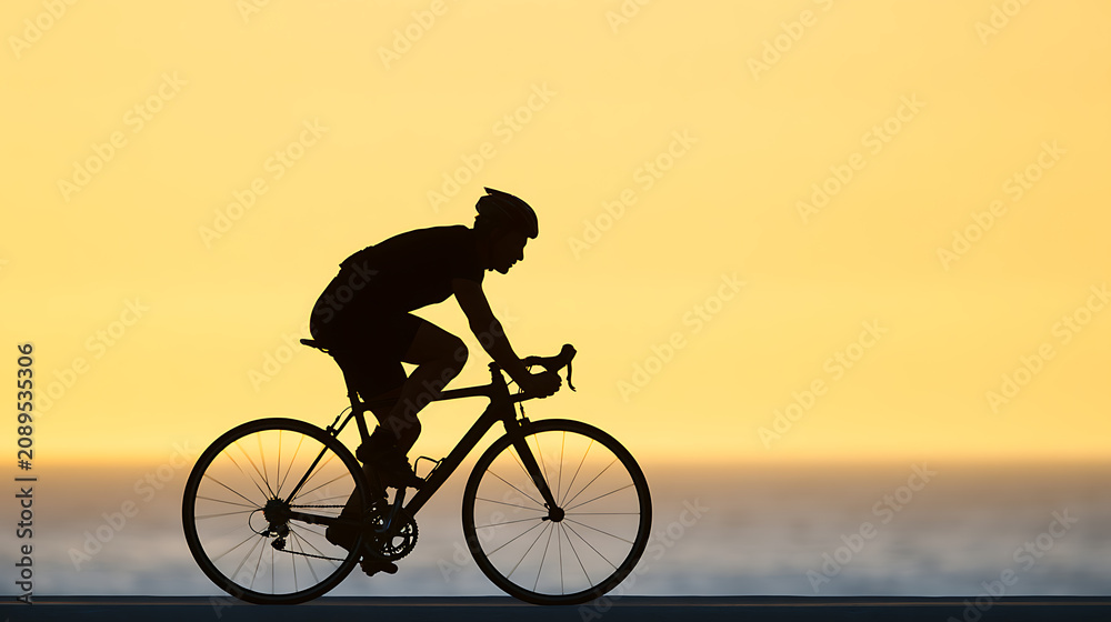 Obraz premium Silhouette of a male cyclist on a road bike cycling along a coastal path at sunset, highlighting health, freedom, and endurance against a vast ocean backdrop
