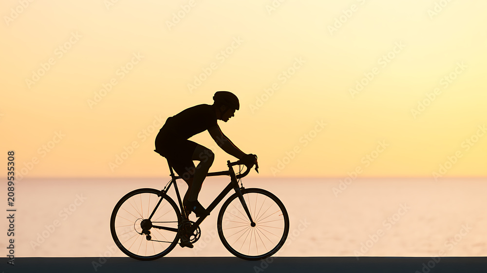Fototapeta premium Silhouette of a male cyclist riding a road bike against a stunning golden sunset over calm ocean water, conveying peace and endurance