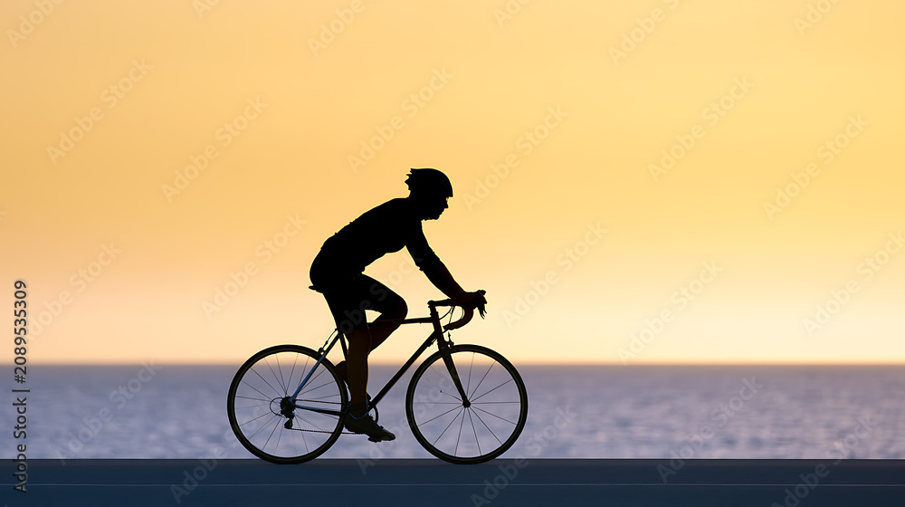 Fototapeta premium Silhouette cyclist ride bicycle road alongside ocean horizon during tranquil golden hour sunset or sunrise, active sport and healthy lifestyle
