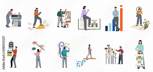 Cuadro en lienzo Comprehensive collection of flat vector illustrations depicting non-profit organization management, financial accounting, community center activities, and social impact report analysis