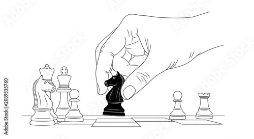 Hand Moving Black Knight Piece on Minimal Chess Board