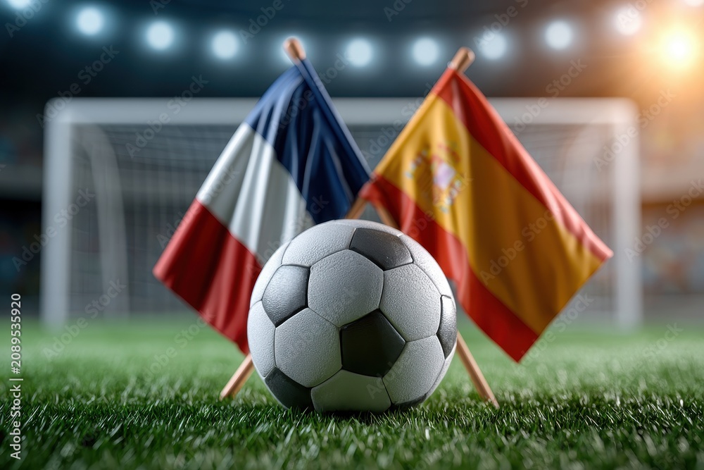 Fototapeta premium Soccer ball with French and Spanish flags on a stadium field. Sports.
